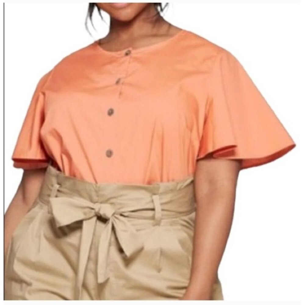 WHO WHAT WEAR NEW Orange Button Front Flutter Sleeve Cotton Top L casual relaxed
